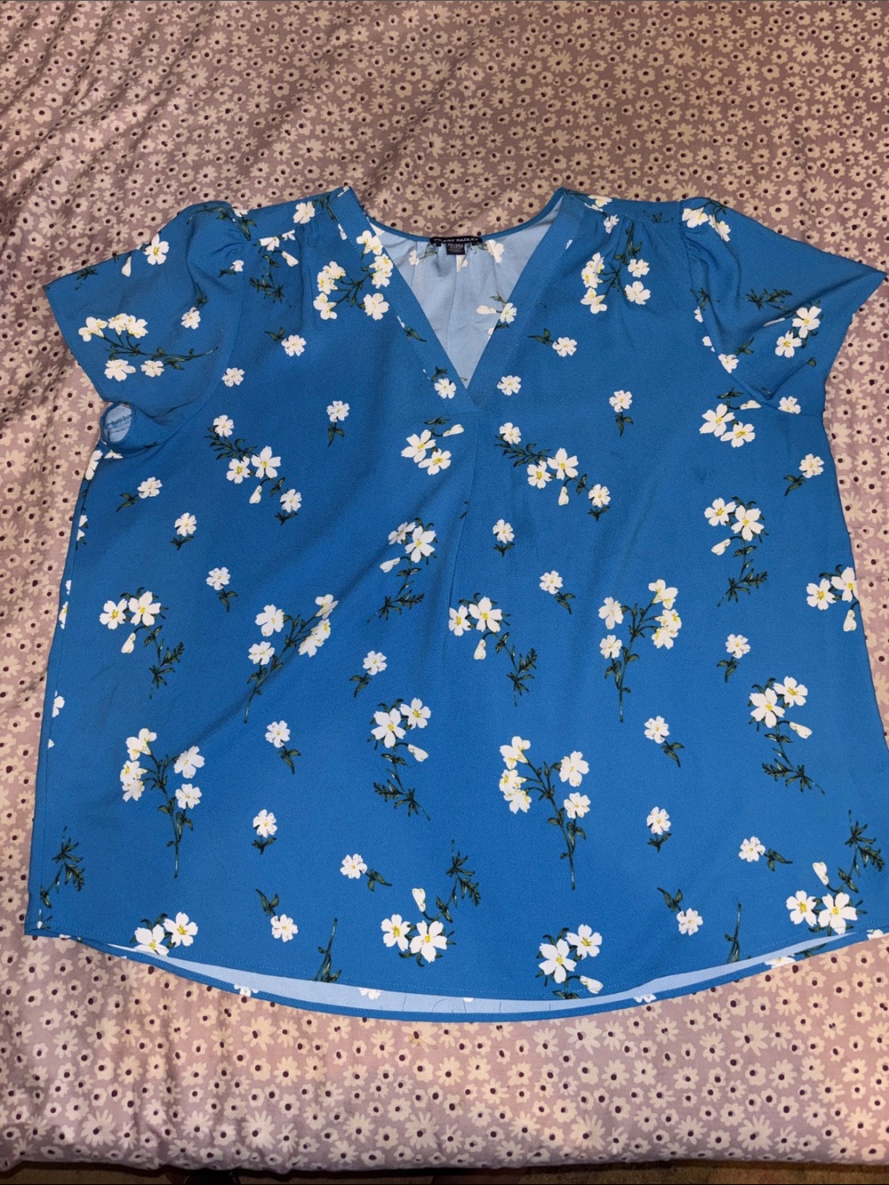 Hilary Radley Blue Floral V-Neck Blouse